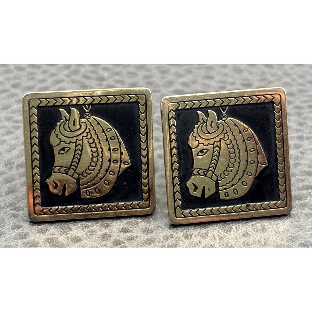Vintage Large Swank Horse Head Cufflinks Black Enamel Equestrian Gold Tone